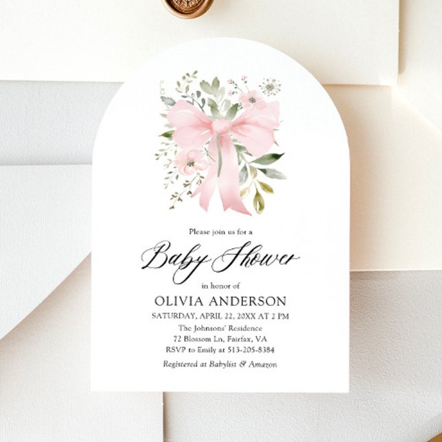 Pink Bow Baby in Bloom Floral Girl Baby Shower Invitation (Blush Pink Bow Floral Girl Baby Shower Arched Invitation)