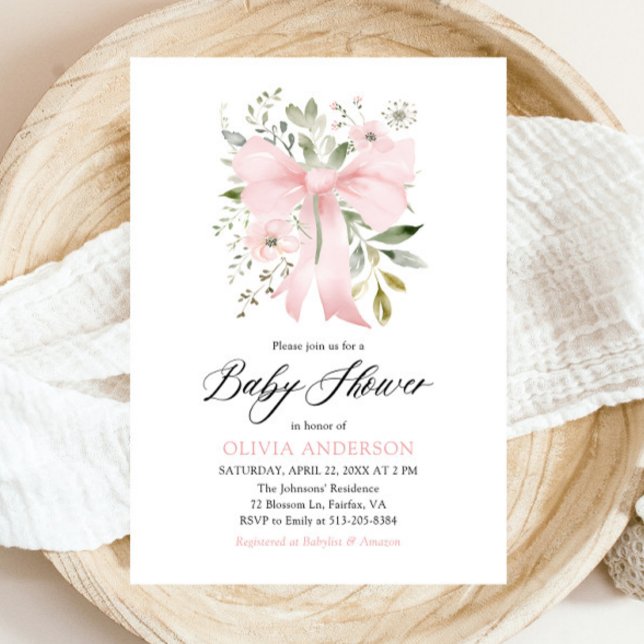 Pink Bow Baby in Bloom Floral Girl Baby Shower Invitation (Watercolor Blush Pink Bow Floral Girl Baby Shower Invitation)