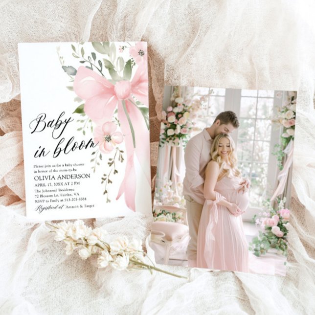 Pink Bow Baby in Bloom Floral Girl Baby Shower Invitation (Watercolor Cute Pink Bow Baby in Bloom Floral Girl Baby Shower Invitation)