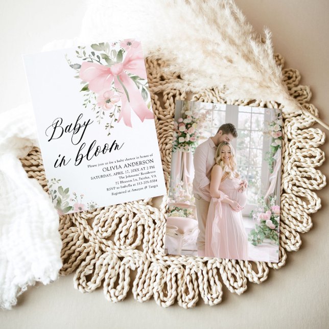 Pink Bow Baby in Bloom Floral Girl Baby Shower Invitation (Watercolor Pink Bow Baby in Bloom Floral Girl Baby Shower Invitation)