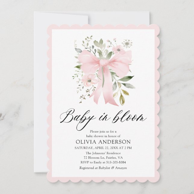 Pink Bow Baby in Bloom Floral Girl Baby Shower Invitation (Front)