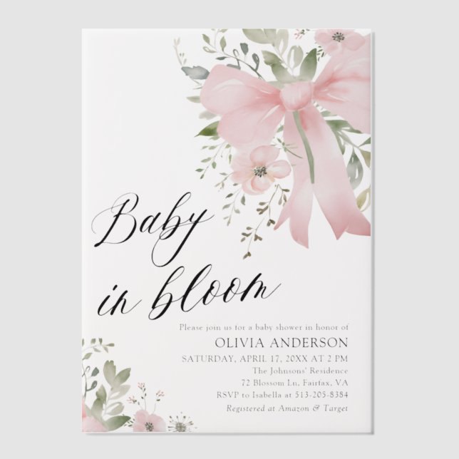 Pink Bow Baby in Bloom Floral Girl Baby Shower Vellum Invitations (Front)