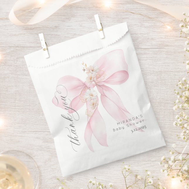 Pink Bow Baby in Bloom floral thank you Favour Bags (Clipped)