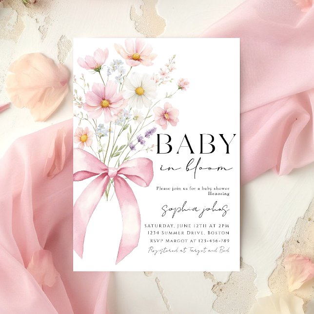 Pink Bow Baby in Bloom Girl Baby Shower Invitation (Creator Uploaded)