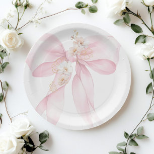 Pink Bow Baby in Bloom Sakura Baby shower Paper Plate