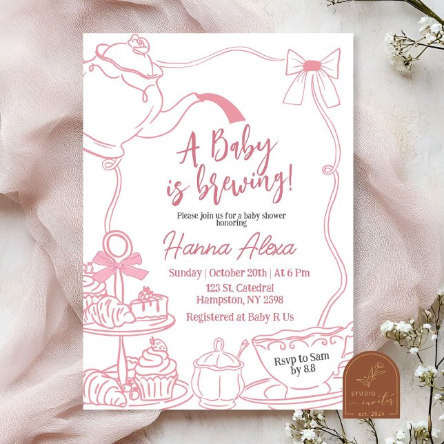 Pink Bow Baby is Brewing Tea  Baby Shower Invitation (Creator Uploaded)