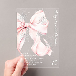 Pink Bow Baby It's Cold Outside Baby Shower Acrylic Invitations