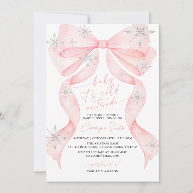 Pink Bow Baby It's Cold Outside Baby Shower Invitation (Front)