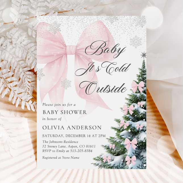 Pink Bow Baby It's Cold Outside Baby Shower Invitation (Creator Uploaded)