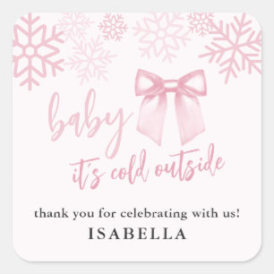 Pink Bow Baby Its Cold Outside Baby Shower Square Sticker