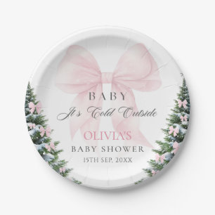 Pink Bow Baby It's Cold Outside Bow Baby Shower Paper Plate
