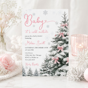 Pink Bow Baby It's Cold Outside Winter Baby Shower Invitation