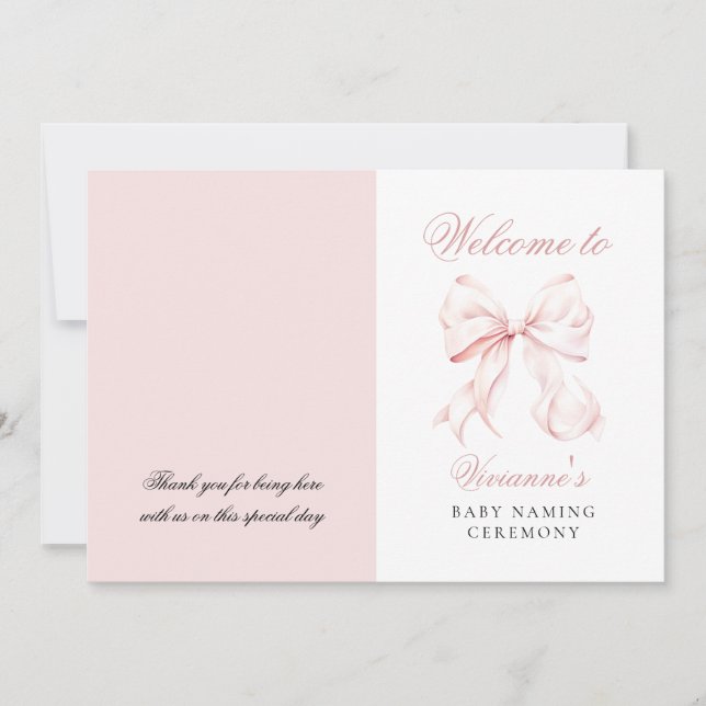 Pink Bow Baby Naming Ceremony Program Thank You Card (Front)
