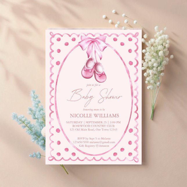 Pink bow baby shoes coquette elegant baby shower invitation (Pink bow baby shoes coquette elegant baby shower invitation cards template hand drawn wavy border)