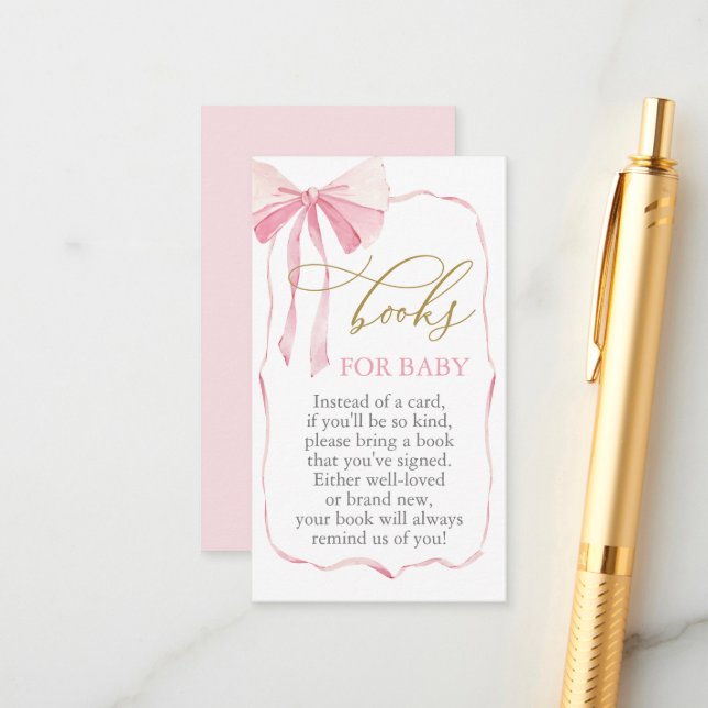 Pink Bow Baby Shower Books for Baby Enclosure Card (Front/Back In Situ)