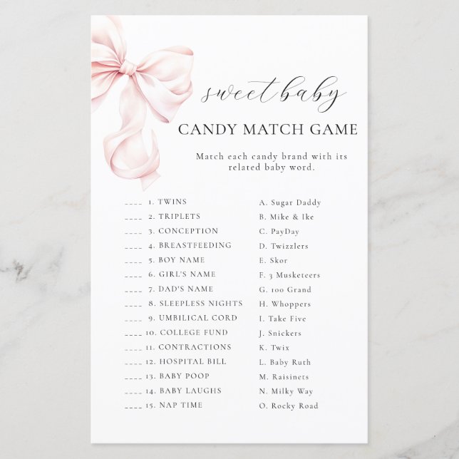 Pink Bow Baby Shower CANDY MATCH GAME (Front)