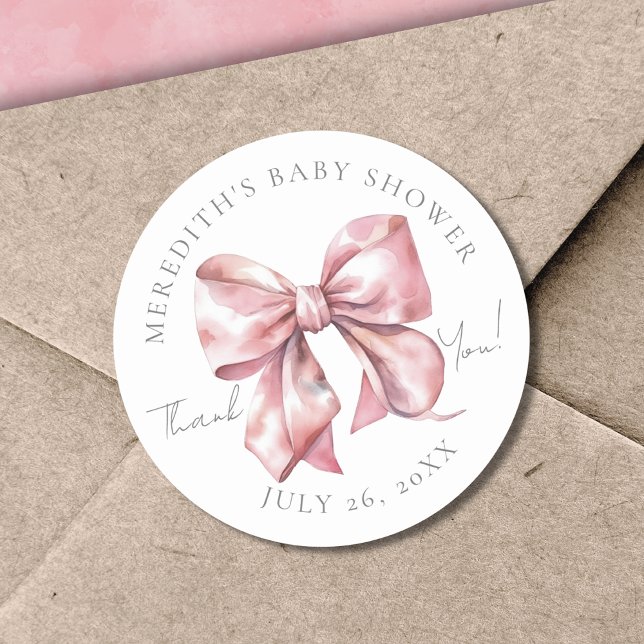 Pink Bow Baby Shower Classic Round Sticker (Pink Bow Baby Shower Thank You Classic Round Sticker)