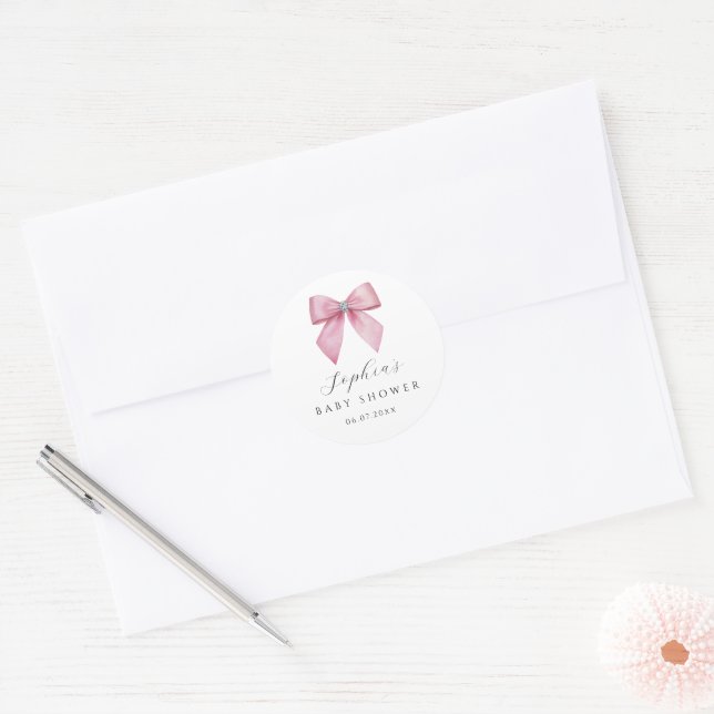 Pink Bow Baby Shower  Classic Round Sticker (Envelope)