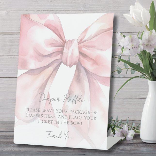 Pink Bow Baby Shower Diaper Raffle  Pedestal Sign (Diaper Raffle Enclosure Card Pink Bow Baby Shower Pedestal Sign)