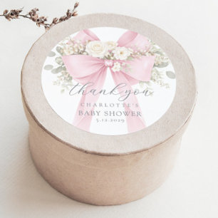 Pink Bow Baby Shower floral Thank you Classic Round Sticker