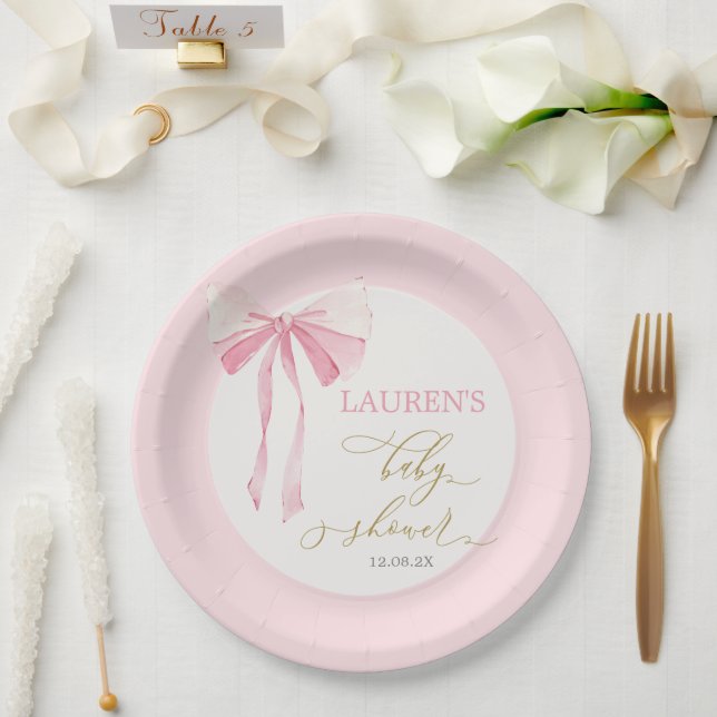 Pink Bow Baby Shower Girl Paper Plate (Wedding)