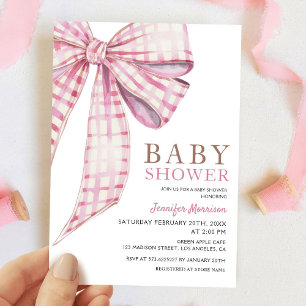 Pink Bow Baby Shower Girl Watercolor Invitation