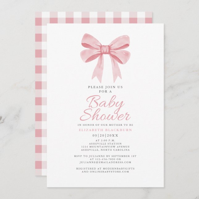 Pink Bow Baby Shower Girly Coquette Gingham Check Invitation (Front/Back)