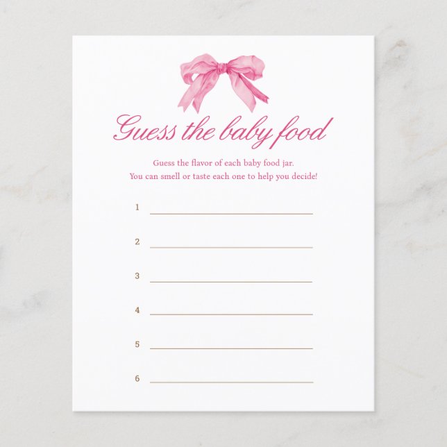 Pink Bow Baby Shower Guess The Baby Food Game (Front)