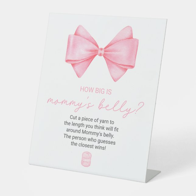 Pink Bow Baby Shower How Big Is Mummy's Belly Pedestal Sign (Front)