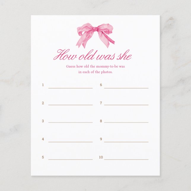 Pink Bow Baby Shower How Old Was She Age Game (Front)