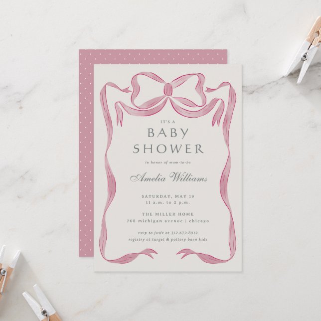 Pink Bow Baby Shower Invitation (Front/Back In Situ)