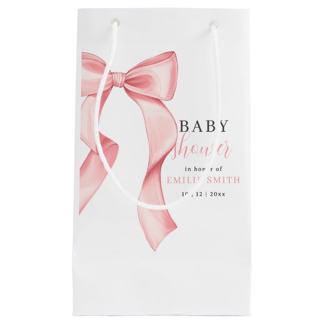 Pink Bow Baby Shower Invitation, Pink Coquette Small Gift Bag (Front)