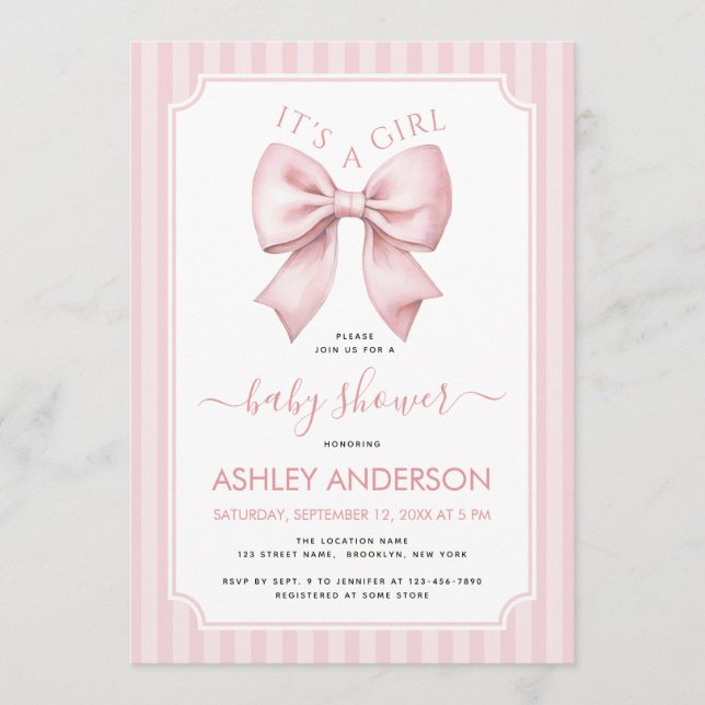Pink Bow Baby Shower It's a Girl Coquette Stripes Invitation (Front)