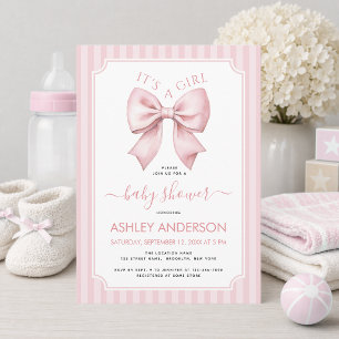 Pink Bow Baby Shower It's a Girl Coquette Stripes Invitation