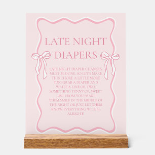 Pink Bow Baby Shower Late Night Diapers Game Acrylic Sign