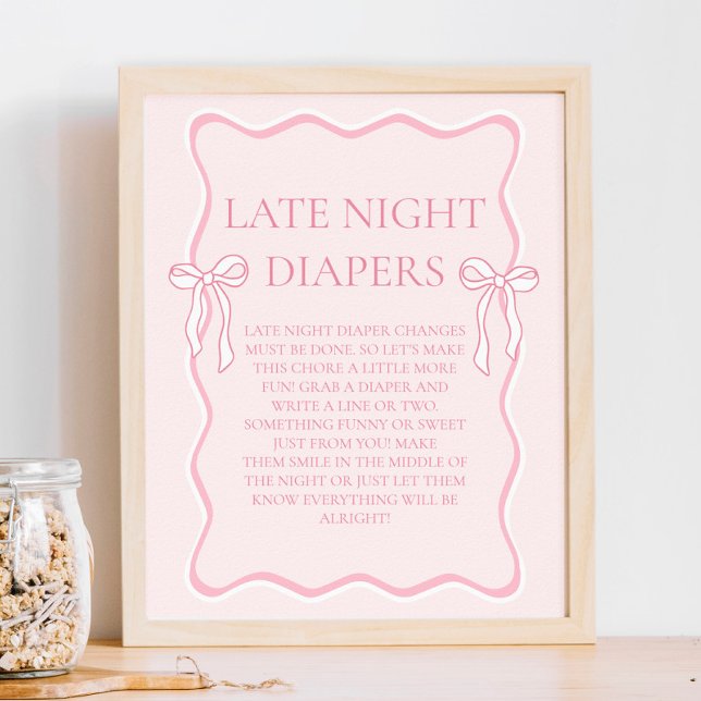 Pink Bow Baby Shower Late Night Diapers Party Game Poster (Creator Uploaded)