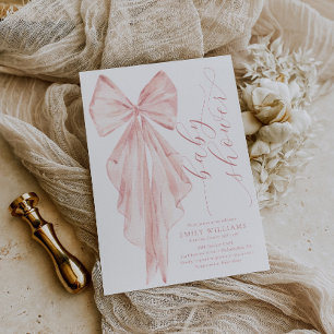 Pink Bow Baby Shower Minimalist Watercolor Ribbon Invitation