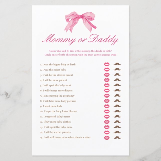 Pink Bow Baby Shower Mummy or Daddy Game (Front)