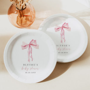 Pink Bow Baby Shower Paper Plate Girl Blush Ribbon