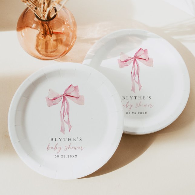 Pink Bow Baby Shower Paper Plate Girl Blush Ribbon (Creator Uploaded)