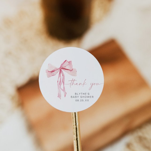 Pink Bow Baby Shower Round Sticker Blush Ribbon (Creator Uploaded)