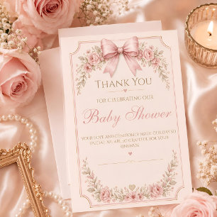 "Pink Bow Baby Shower Thank You Card   Floral Vint