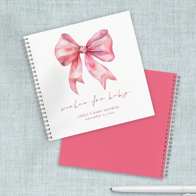 PInk Bow Baby Shower Wishes Guest Book (Front and back view)
