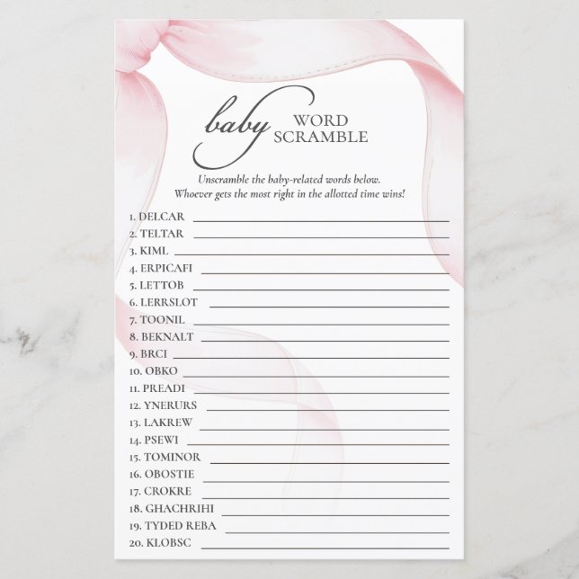 Pink Bow Baby Shower Word Scramble Game (Front)