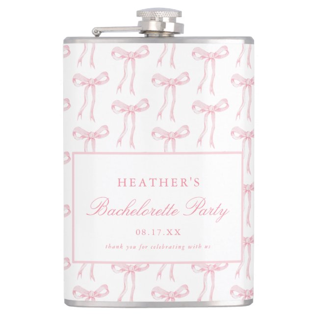 Pink Bow Bachelorette Party Favours Hip Flask (Front)