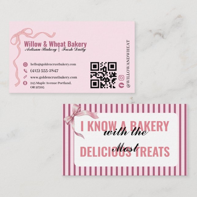 Pink Bow Bakery Business Card Striped Design (Front/Back)