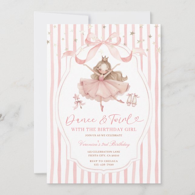 Pink Bow Ballerina Dance and Twirl Birthday Stripe Invitation (Front)