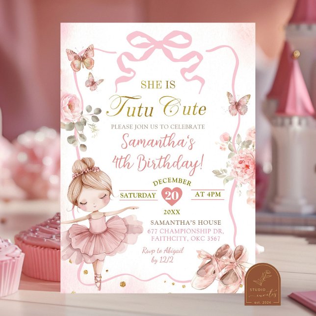 Pink Bow Ballerina Tutu Cute Birthday Invitation (Creator Uploaded)