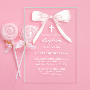Pink bow Baptism Acrylic Invitations