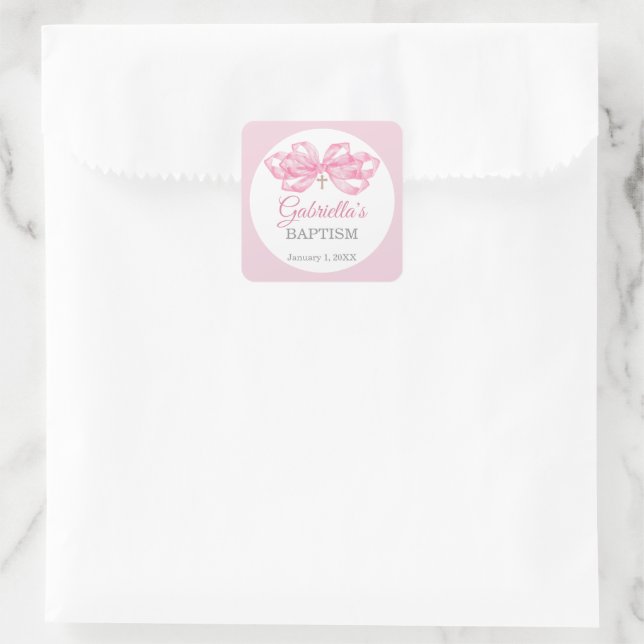 Pink Bow Baptism Favour Sticker Custom Watercolor (Bag)